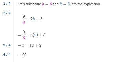 Evaluate 9/g+2h+5 when g=3 and h=6-example-1