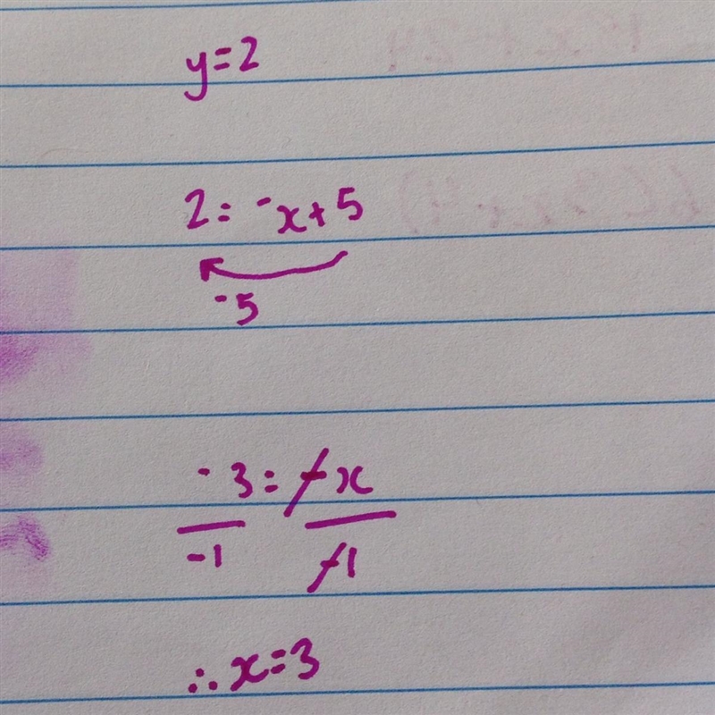 Find x when y = 2 for y = -x + 5-example-1