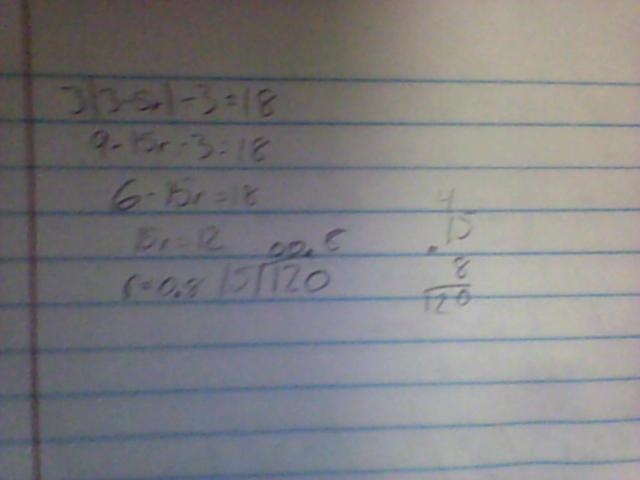 Solve the equation 3|3 - 5r|- 3 = 18-example-1