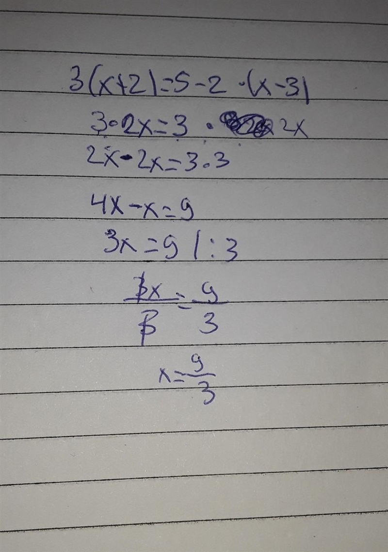 Consider the following Expression. 3(x+2)=-5-2(x-3) What is the value of x?-example-1