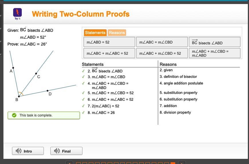 Writing two column proofs. Given: BC bisects ABM M ABD=52° prove: m B =26°-example-2