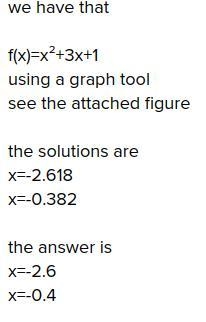 Approximate the real zeros of f(x)=x2+3x+1 to the nearest tenth.-example-1