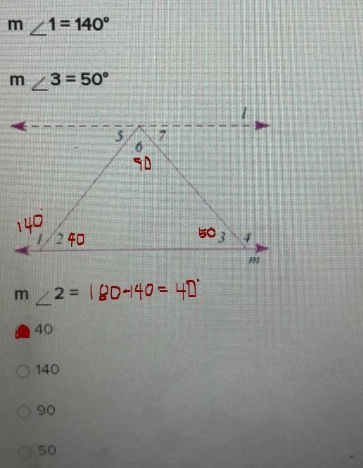 Given the following diagram, find the required measure. Given: / l l m m<1 = 140° m-example-1