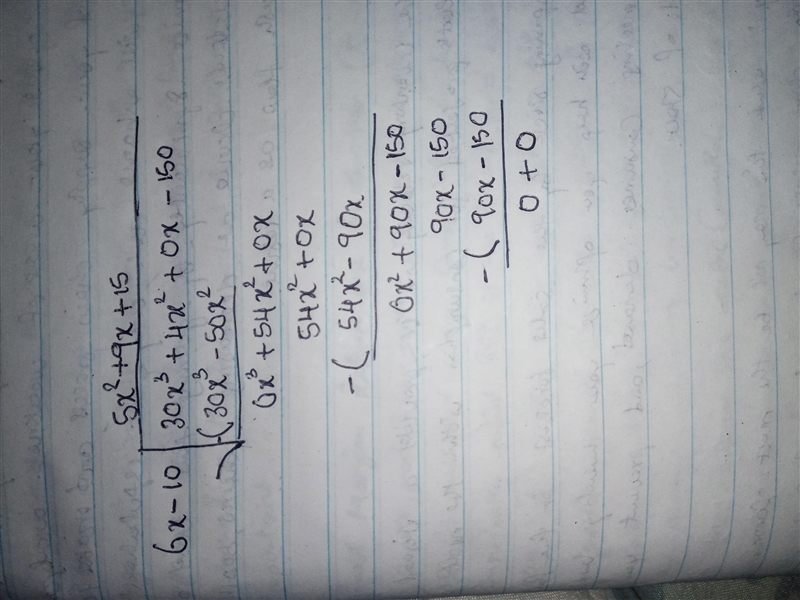 Use long division to find the quotient below (30x^3+4x^2-150) / (6x-10) A.5x^2+9x-example-1