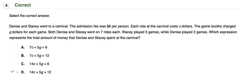 Select the correct answer. Denise and Stacey went to a carnival. The admission fee-example-1