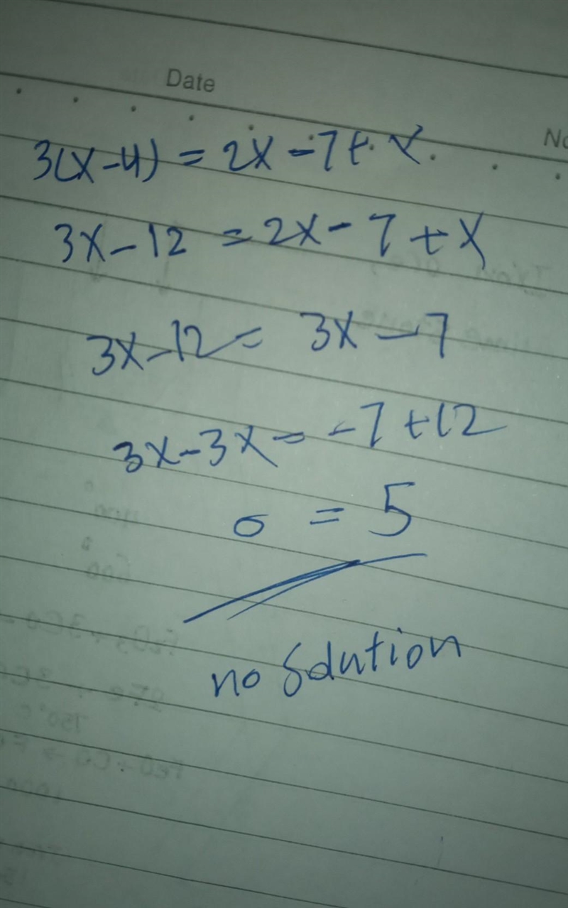 3(x-4)=2x-7+x which one A. Infinitesolutions B.x=0 C.x=3 D.x=-2 E.x=-3-example-1