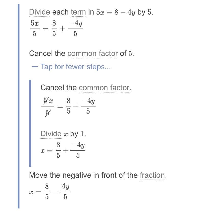 What is the x value of the solution to the system of equations? 5x + 4y = 8 2x-3y-example-1