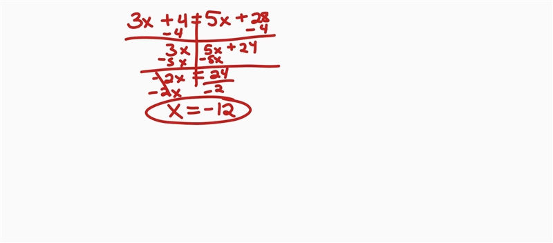 Step by step solve 3x + 4 = 5x + 28-example-1