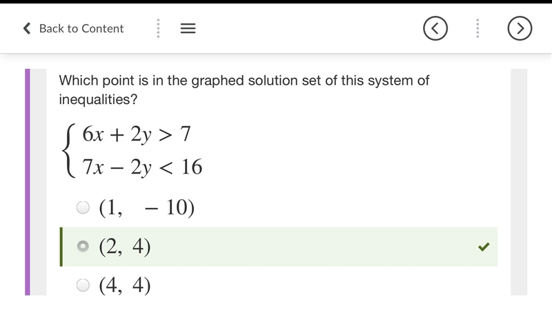 PLEASE HELPP Which point is in the graphed solution set of this system of inequalities-example-1