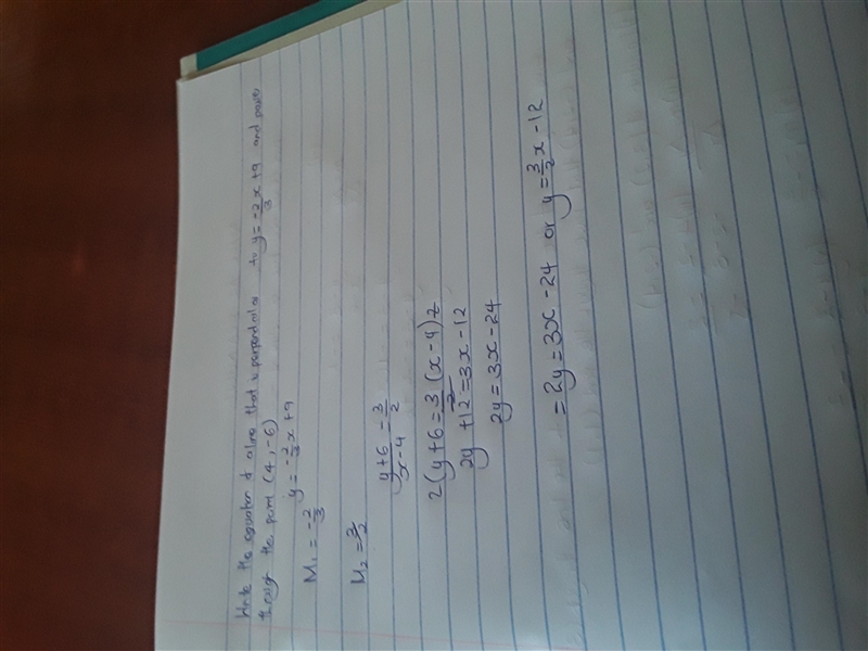 Write the equation of a line that is perpendicular to y= -2/3x + 9 and that passes-example-1