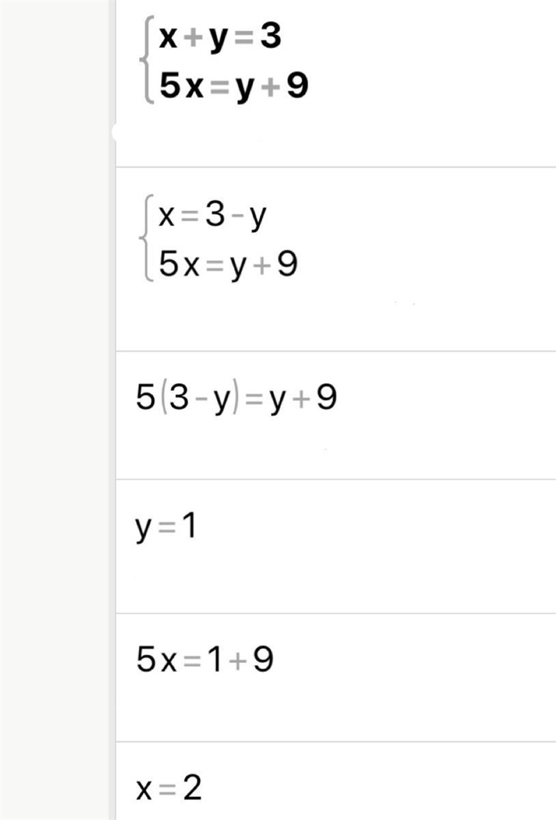 X + y = 3 5x= y +9 Using the two equations above, solve for X. A. x=2 B. x= 1 C.) x-example-1