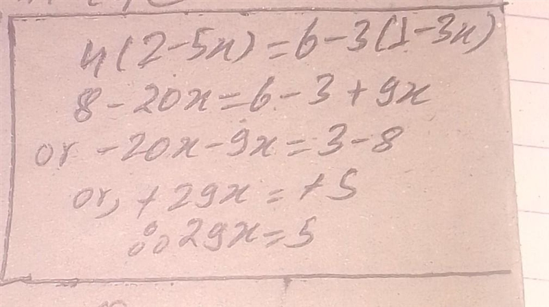 Which equation is equivalent to 4(2 - 5x) = 6 - 3(1 – 3 x) ? (A) 8x = 5 (B) 8x=17 (C-example-1