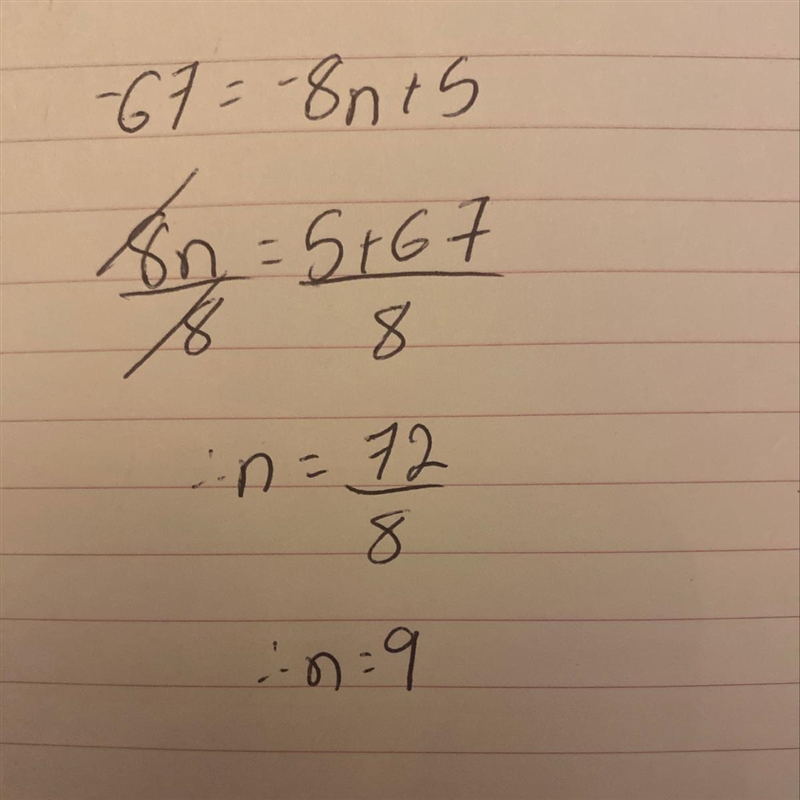 -67=-8n+5 whats the answer? helppp im not smart-example-1