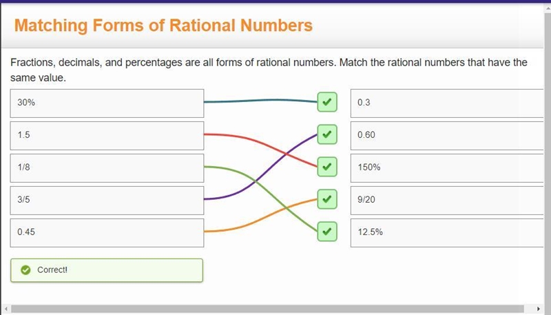 Please help:(( Matching Forms of Rational Numbers Fractions, decimals, and percentages-example-1