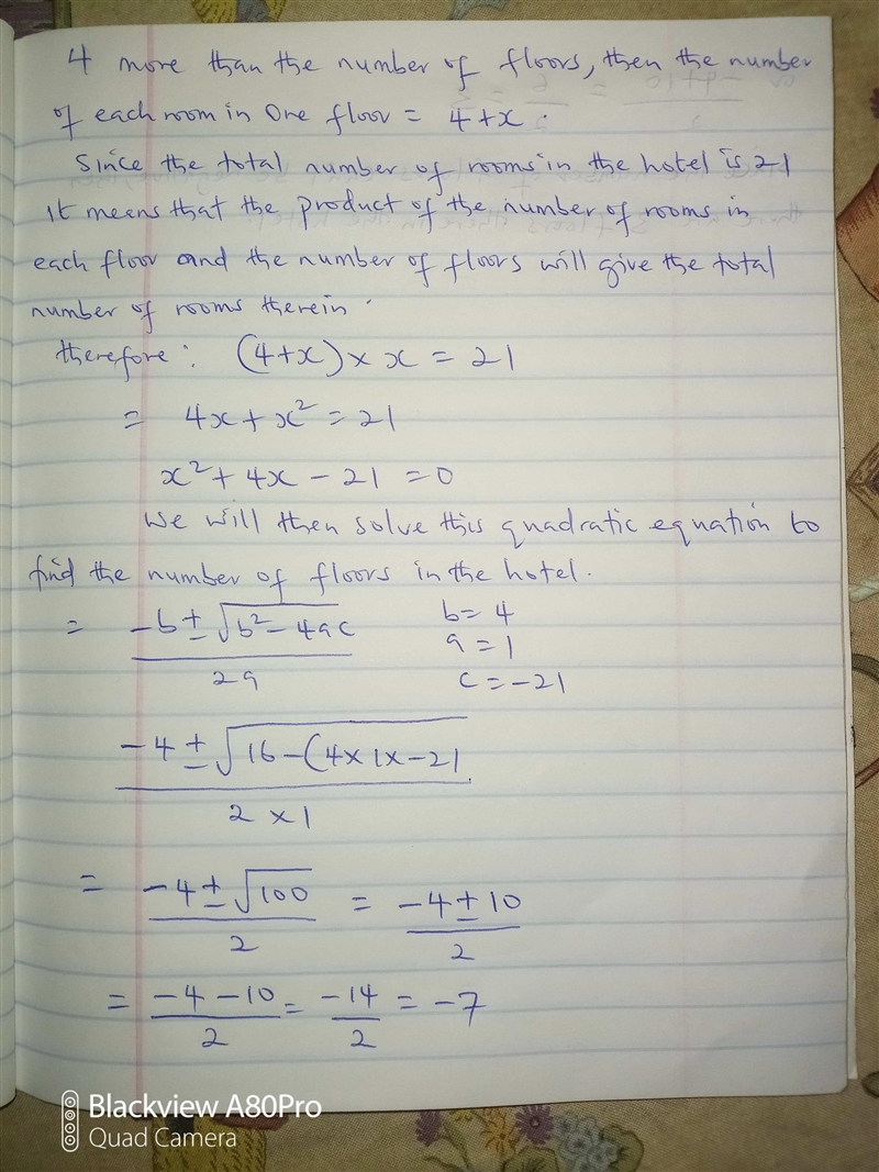 Katie stayed in a hotel that had 21 rooms. The number of rooms on each floor was 4 more-example-2