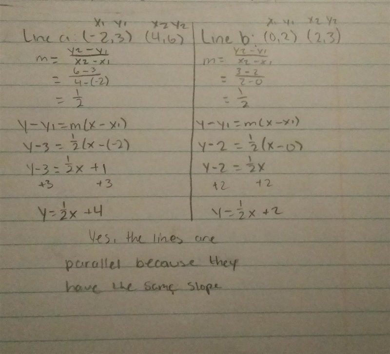 Line a passes through the points (-2, 3) and (4, 6), line b passes through the points-example-1