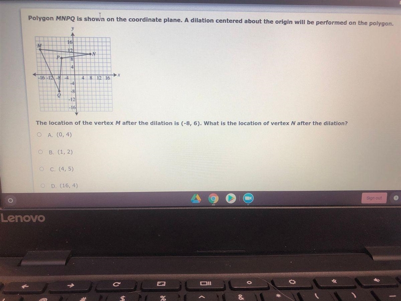 Polygon MNP shown on the coordinate planeA dilation centered about the origin will-example-1