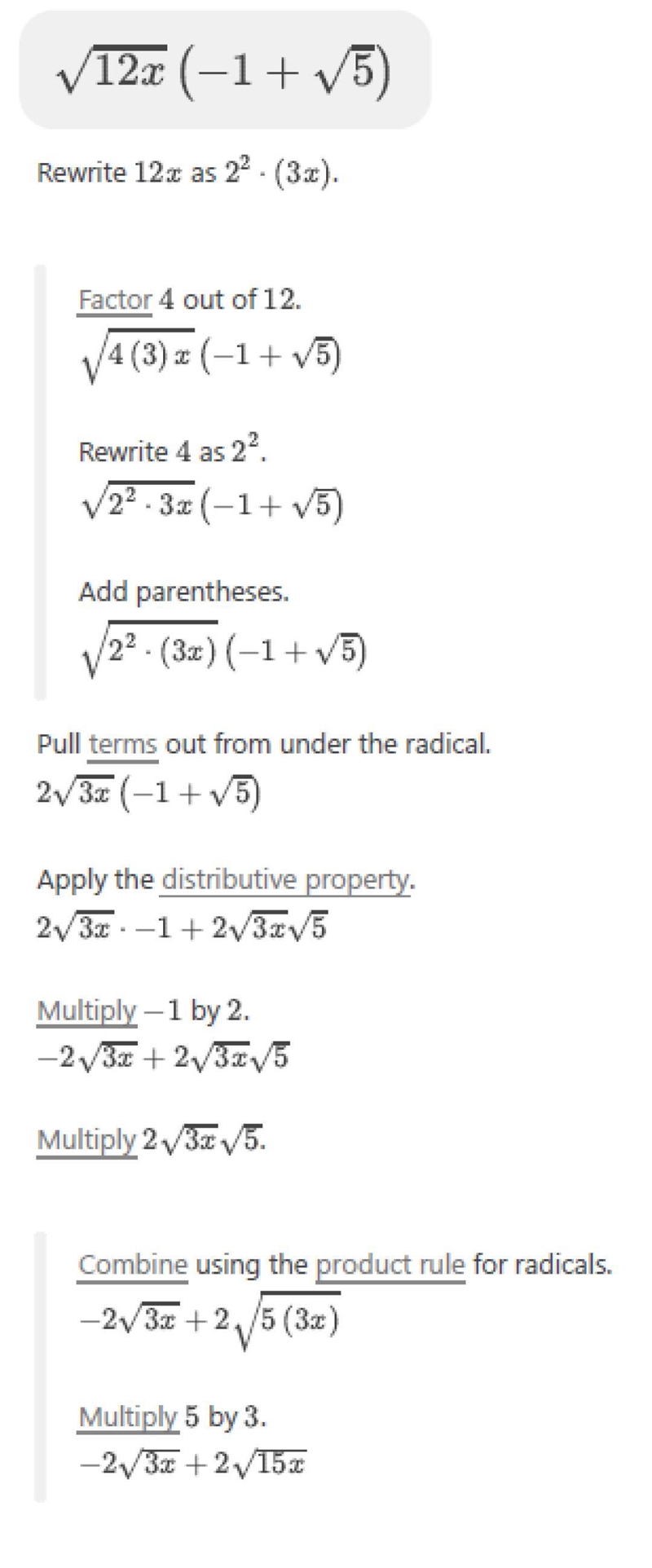 Distribute and combine √12x(-1+√5-example-1