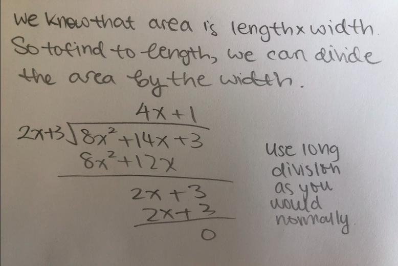 The area of a rectangle is 8x^2 +14x + 3. the width is 2x +3. What is the length?-example-1