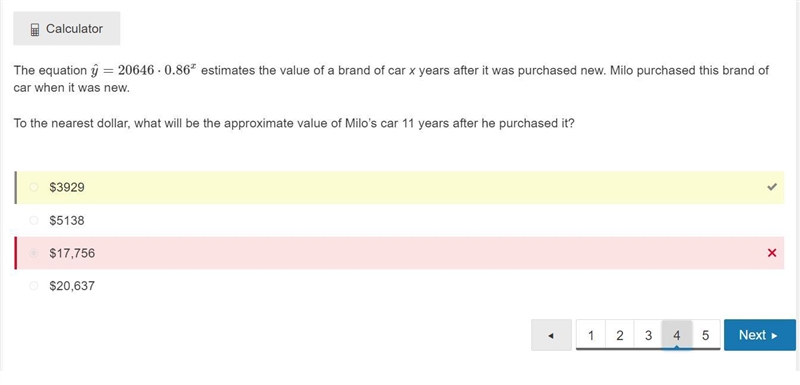 The equation yˆ=20646·0.86x estimates the value of a brand of car x years after it-example-1