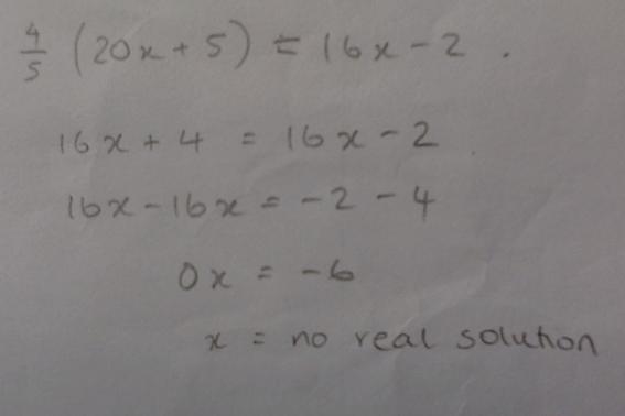 How many solutions for x does the following equation have? 4/5 [20x + 5] =16x - 2 please-example-1