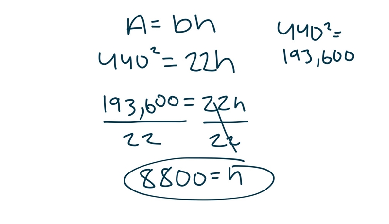 A rhombus has an area of 440m^2 and base of 22m. What is the height-example-1