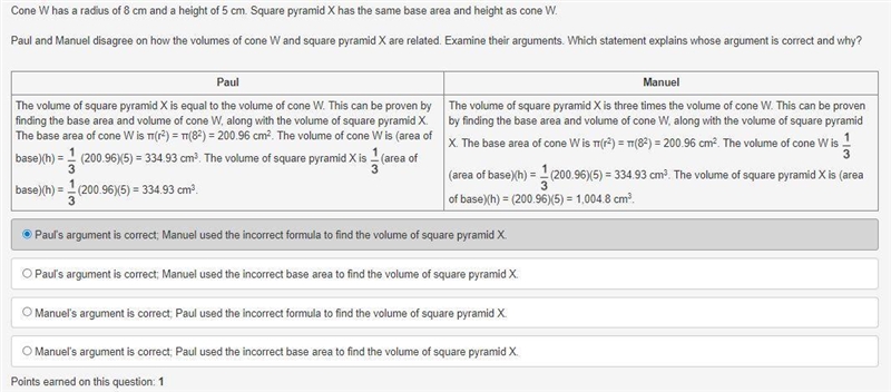 Cone W has a radius of 8 cm and a height of 5 cm. Square pyramid X has the same base-example-1