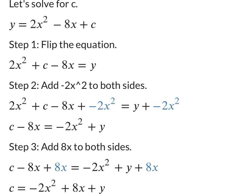 The y-coordinate of the vertex of the function y = 2x^2-8x+c is 2. The value of c-example-1