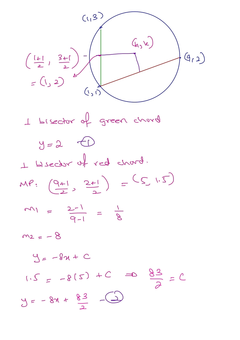 Write the general equation for the circle that passes through the points (1, 1), (1, 3), and-example-2