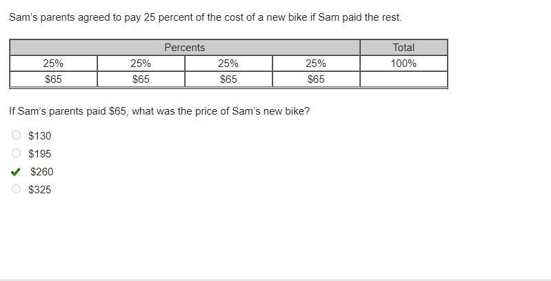 Sam’s parents agreed to pay 25 percent of the cost of a new bike if Sam paid the rest-example-1