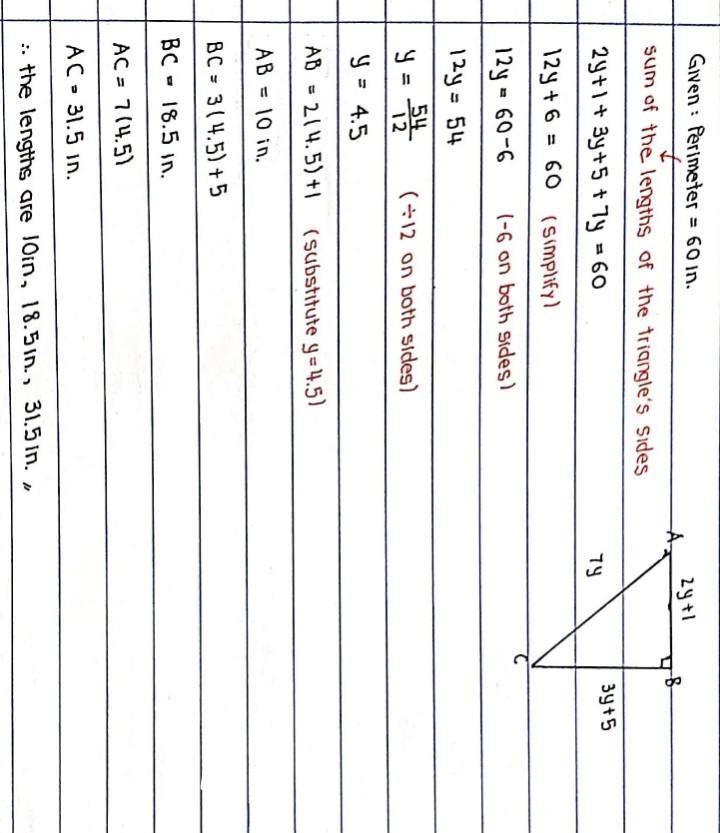 2. P= 60 in. Find the length of each side. 2y + 1 |3y+5 HELP-example-1