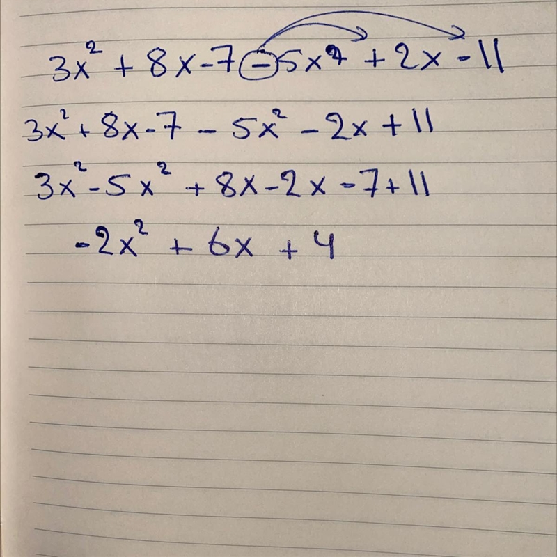 Subtract 5x2 + 2x - 11 from 3x2 + 8x - 7. Express the result as a trinomial. 1. -2x-example-1