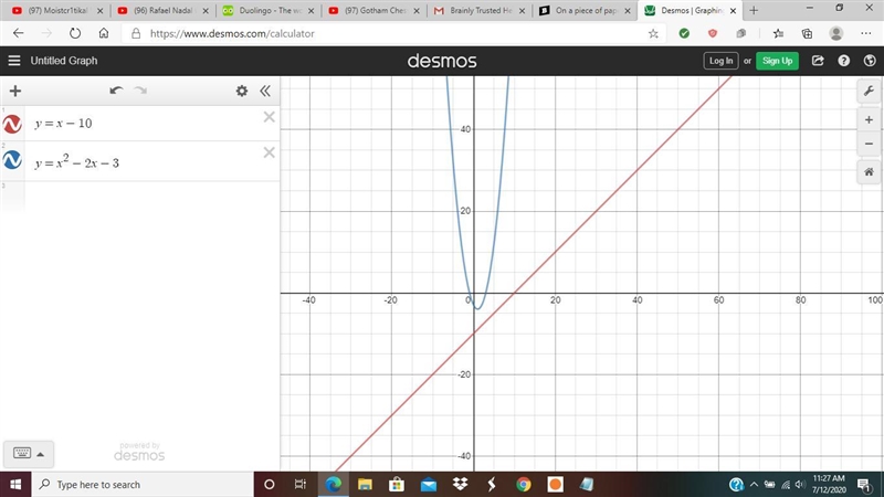 On a piece of paper, graph this system of equations. y = x - 10 y = x2 - 2x - 3 Then-example-1