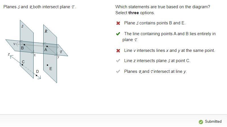 Planes S and R both intersect plane T. Which statements are true based on the diagram-example-1