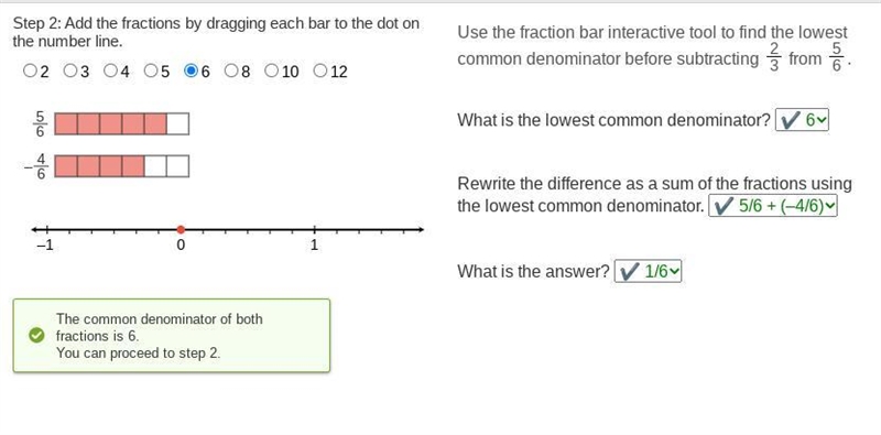 Use the fraction bar interactive tool to find the lowest common denominator before-example-1