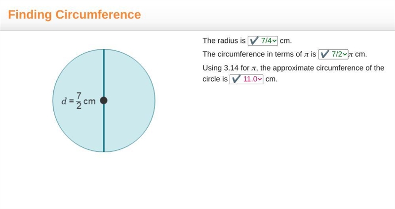 A circle with diameter of StartFraction 7 over 2 EndFraction centimeters. The radius-example-1