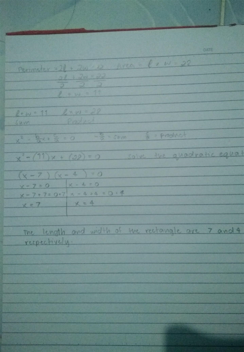 The perimeter of a rectangle is 22cm. The area is 28cm squared, what are the length-example-1