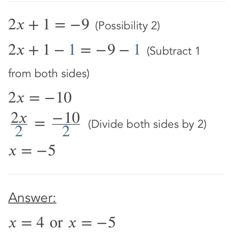 What is the solution set of the equation below? |2x + 1| = 9-example-1