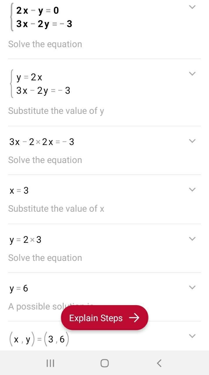 Solve the system of linear equations by elimination. 2x – y=0 3x – 2y = -3-example-1