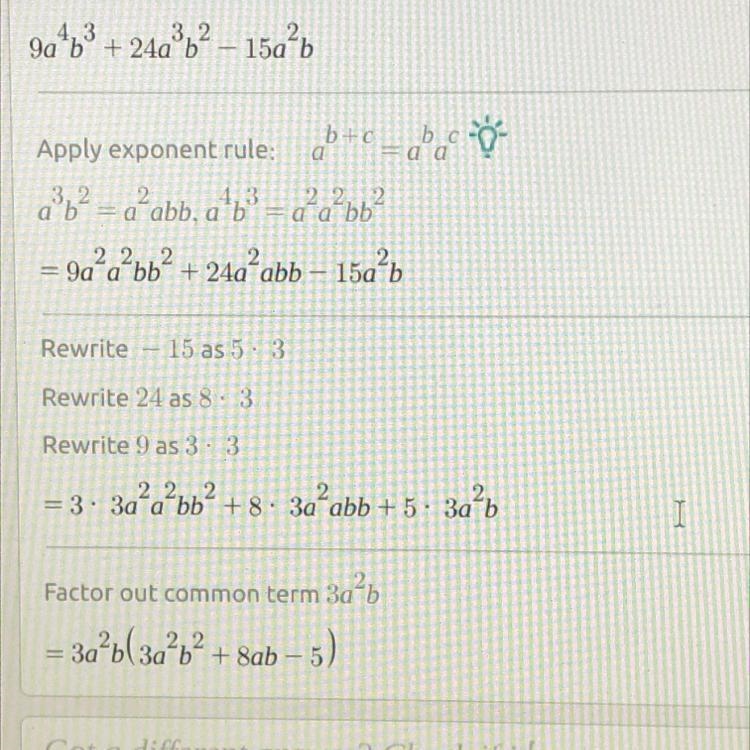 Factor the greatest common factor: 9a4b3 + 24a3b2 − 15a2b.-example-1