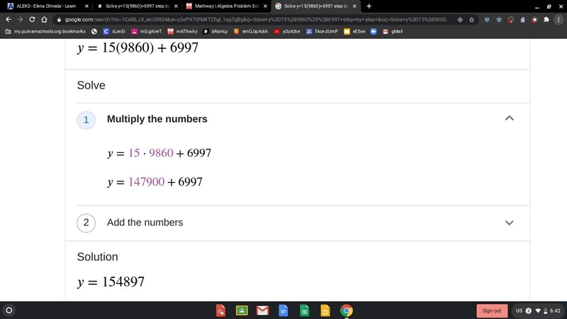 Solve y=15(9860)+6997 step by step please!! I'm Stupid :(-example-1