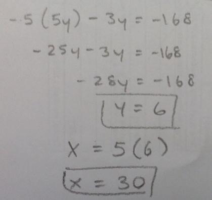 -5x - 3y = -168 X = 5y-example-1