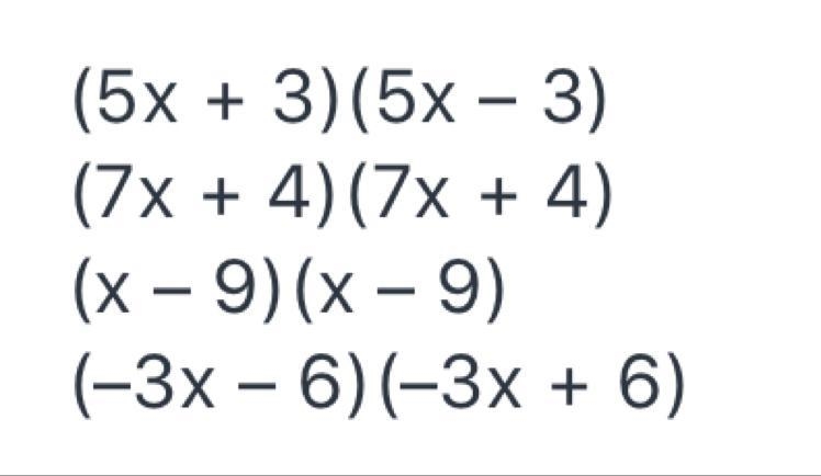 Which products result in a difference of squares or a perfect square trinomial? Check-example-1