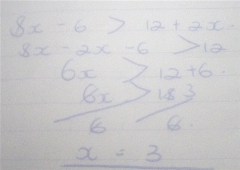 What value of x is in the solution set of 8x – 6 > 12 + 2x?-example-1