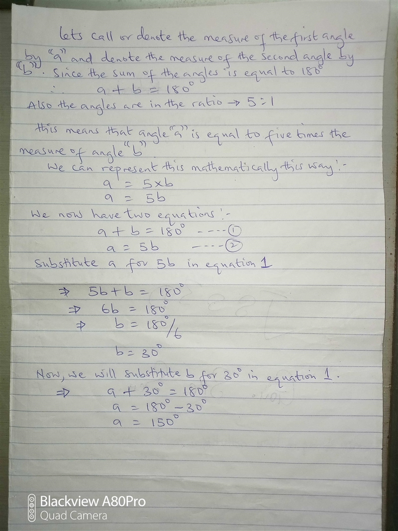 The measures of two angles have a a sum of 180°. The measures if the angles are in-example-1