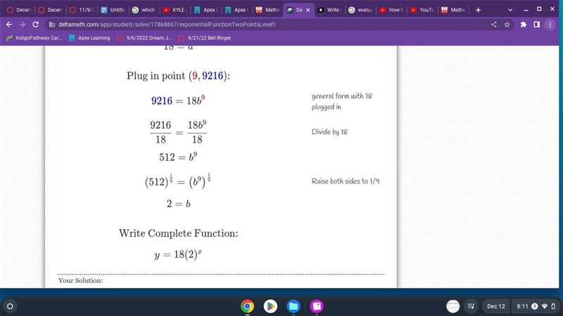 Write an exponential function in the form y = ab” that goes through points (0,18) and-example-1