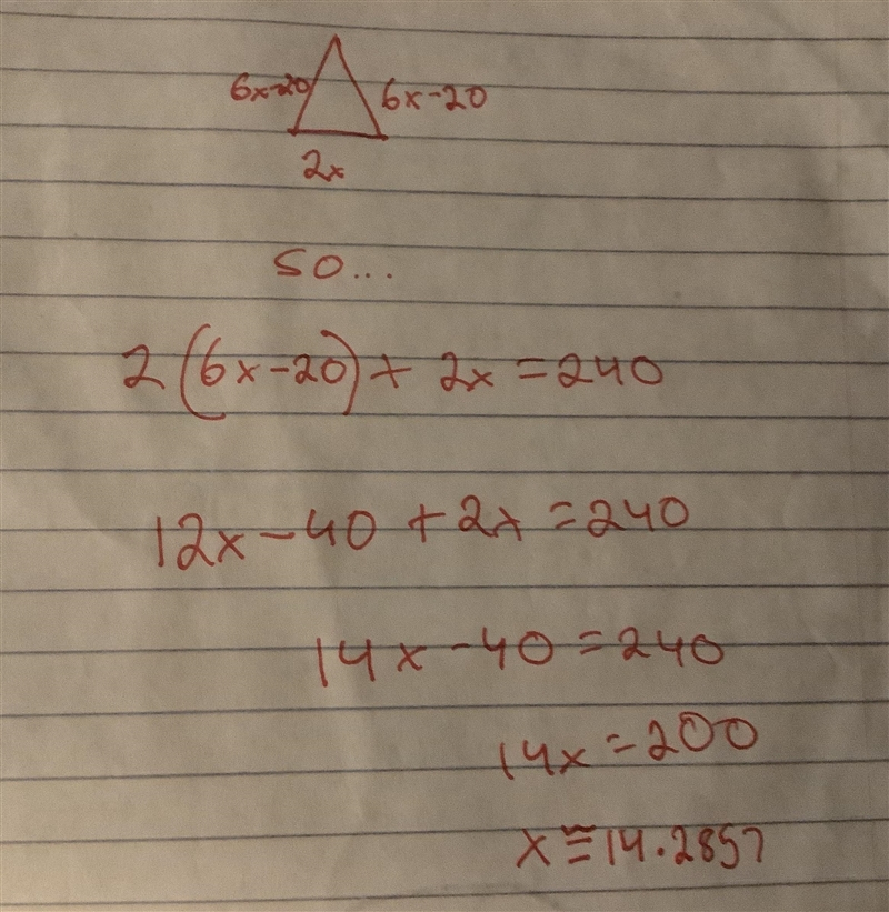 The length if the base of an isosceles triangle is 2x. The length of the leg is 6x-example-1