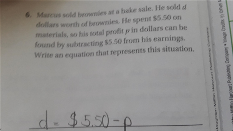 Marcus sold brownies at a bake sale. He sold d dollars worth of brownies he spent-example-1