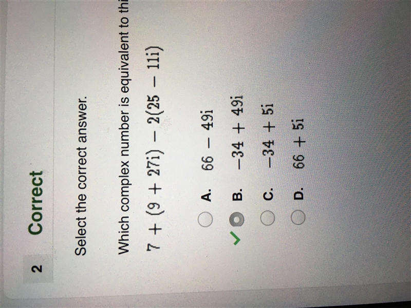 Which complex number is equivalent to this expression? 7 + (9 + 27i) - 2(25 - 11i-example-1