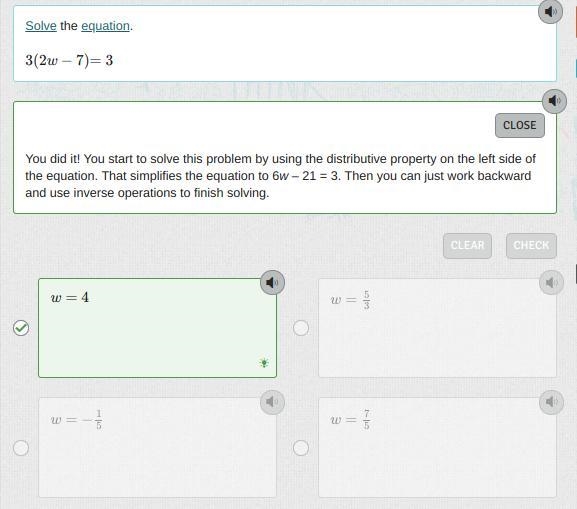 Solve the equation. 3(2w−7)=3-example-1